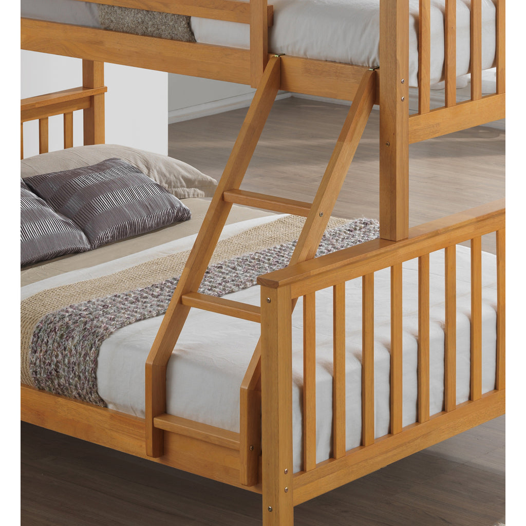 Helsing Rubberwood Stacking Triple Sleeper with Underbed Drawers in beech in furnished room, ladder and lower bunk detail