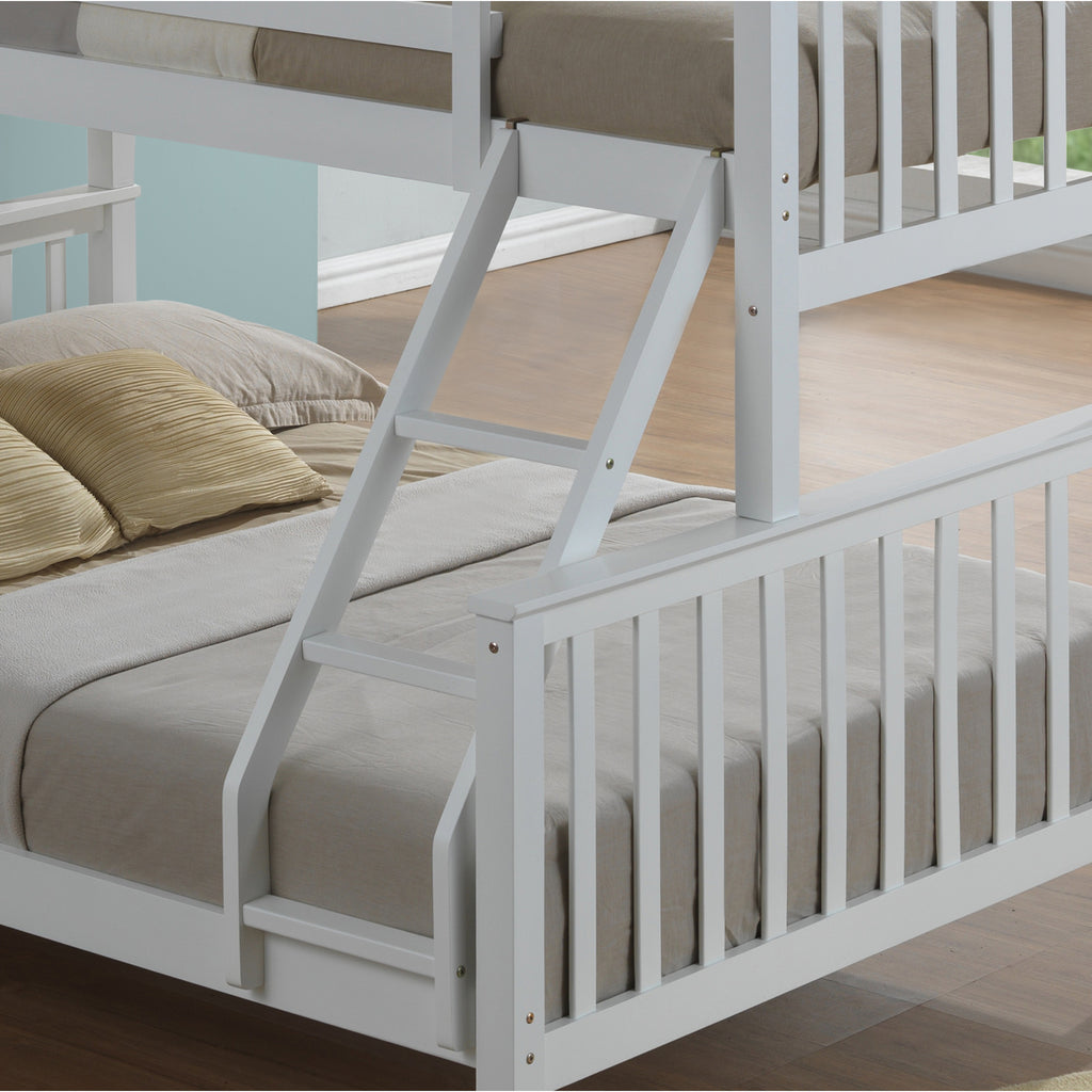 Helsing Rubberwood Stacking Triple Sleeper with Underbed Drawers in white in furnished room, ladder and lower bunk detail