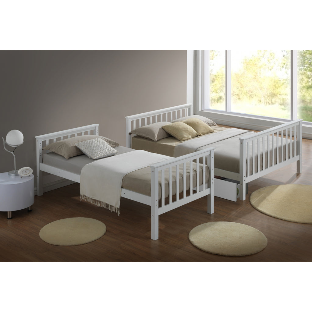 Helsing Rubberwood Stacking Triple Sleeper with Underbed Drawers in white in furnished room, beds separated into one single and one double bed