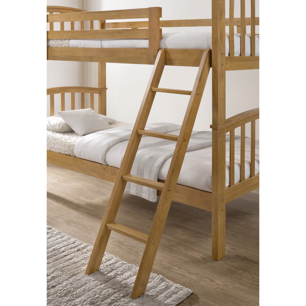 Torsha Rubberwood Stacking Bunk Bed with Underbed Drawers in oak in furnished room, ladder and lower bunk detail