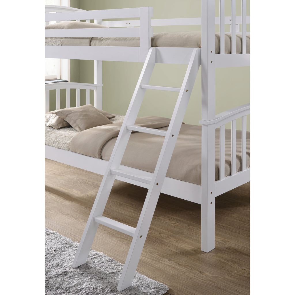 Torsha Rubberwood Stacking Bunk Bed with Underbed Drawers in white in furnished room, ladder and lower bunk detail