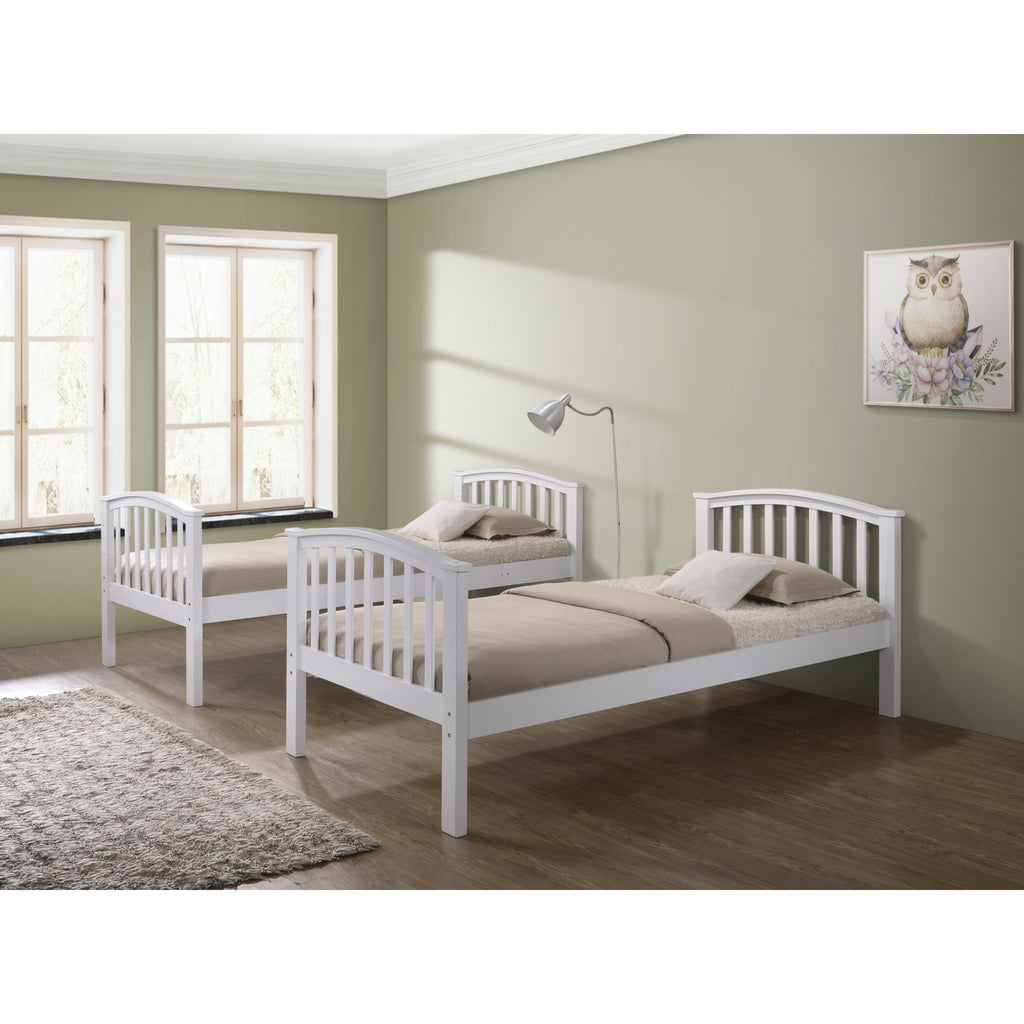 Torsha Rubberwood Stacking Bunk Bed with Underbed Drawers in white in furnished room, beds separated into two single