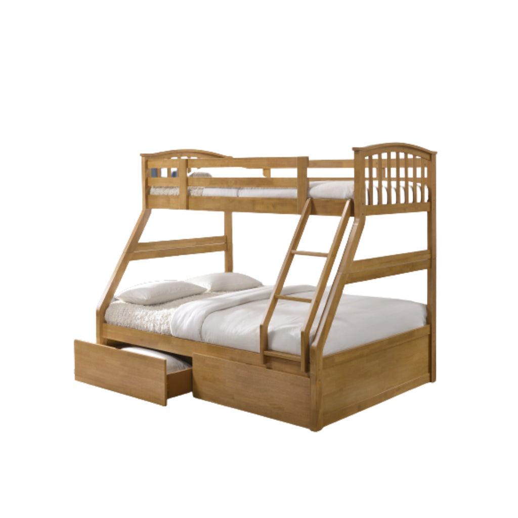 Torsha Rubberwood Stacking Triple Sleeper with Underbed Drawers in oak on white background