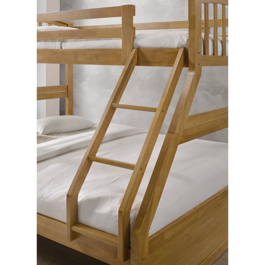 Torsha Rubberwood Stacking Triple Sleeper with Underbed Drawers in oak in furnished room, ladder and bottom bunk detail