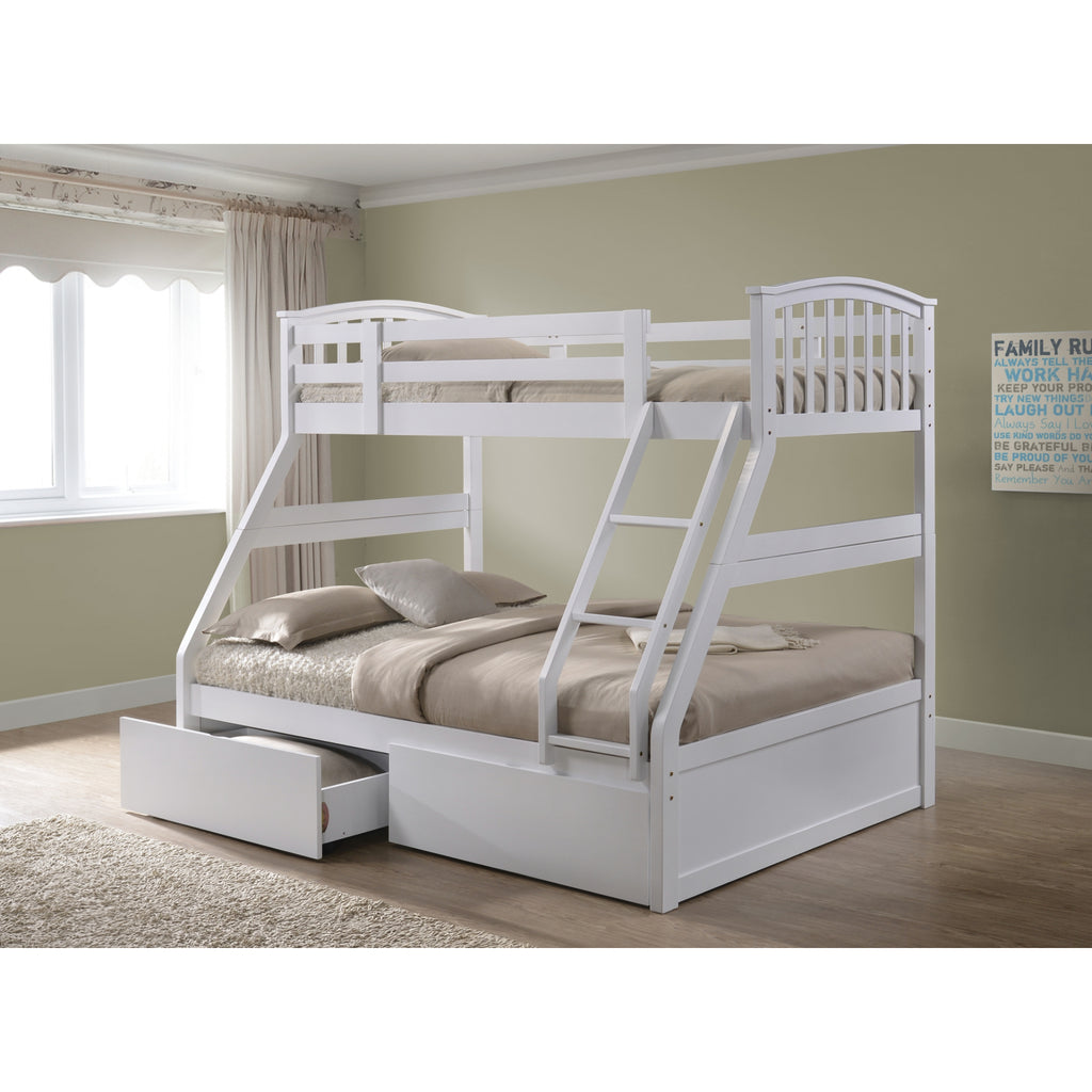 Torsha Rubberwood Stacking Triple Sleeper with Underbed Drawers in white in furnished room