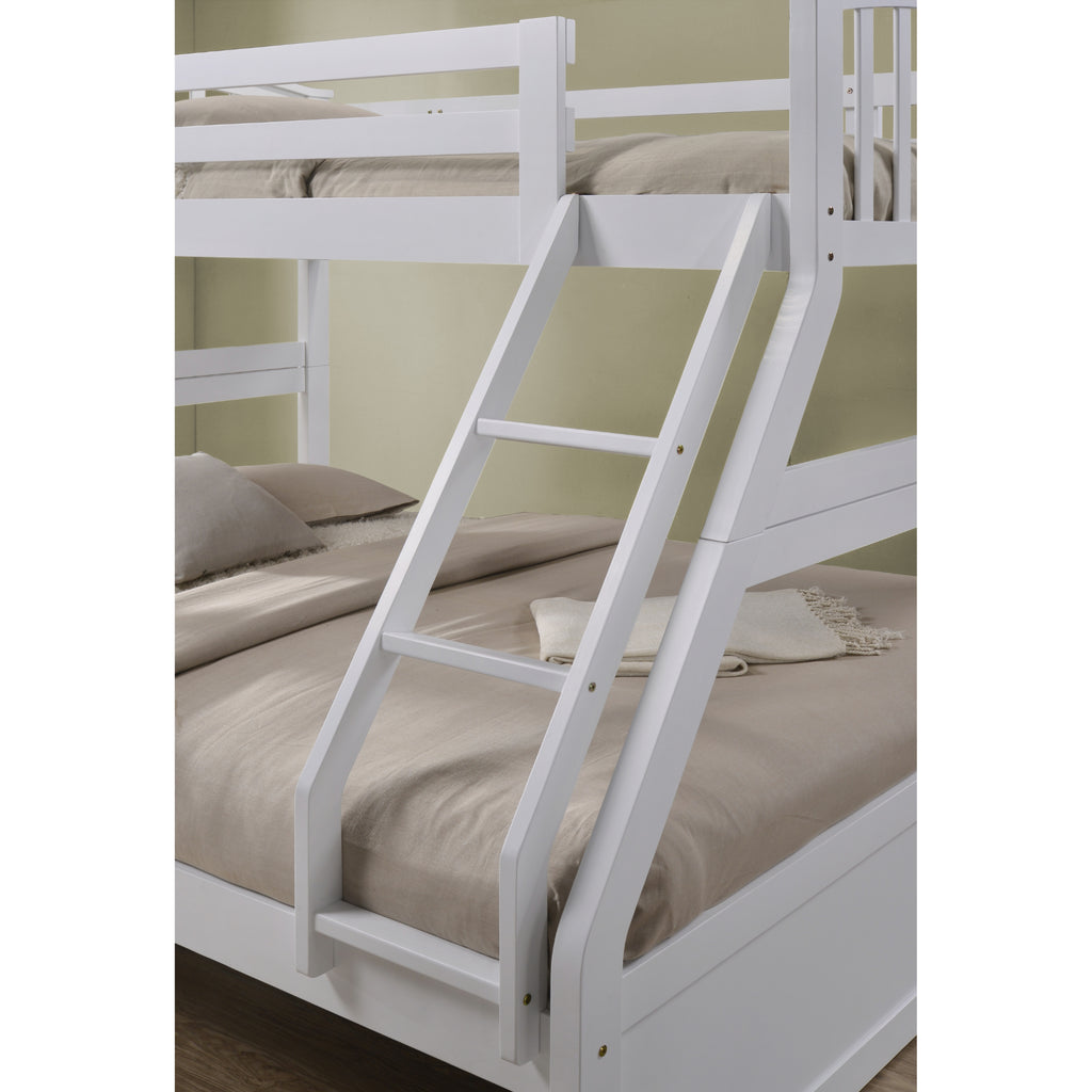 Torsha Rubberwood Stacking Triple Sleeper with Underbed Drawers in white in furnished room, ladder and lower bunk detail