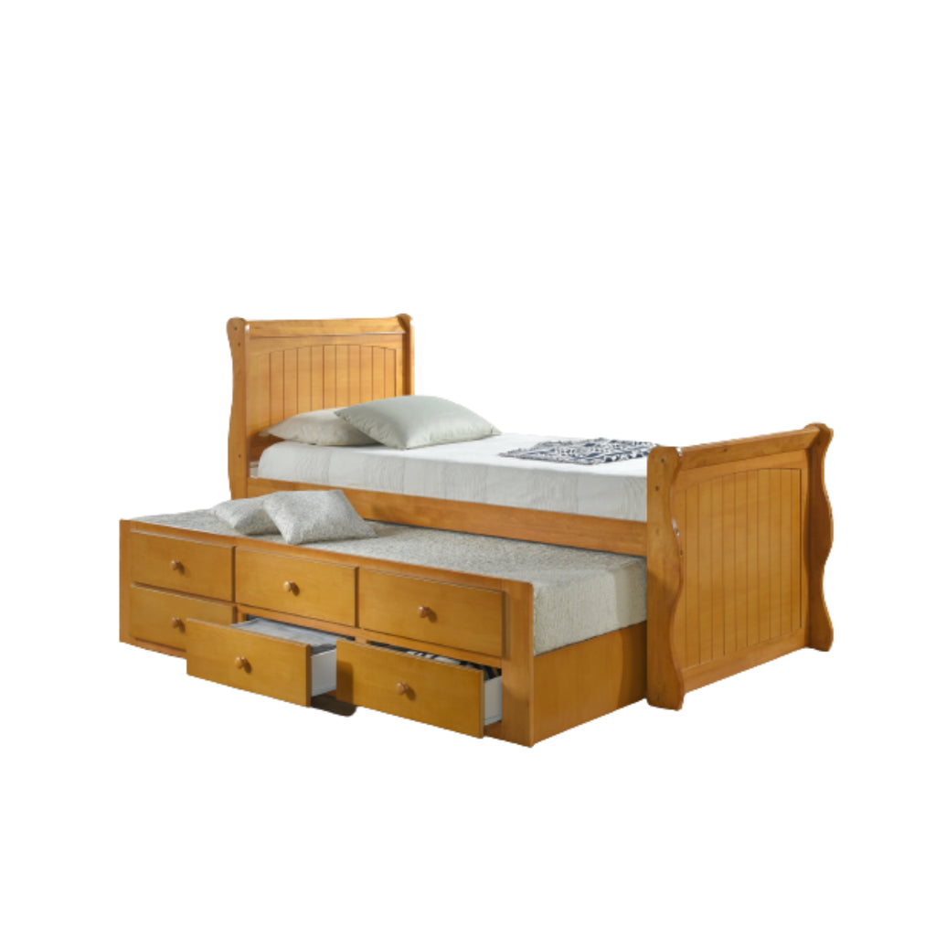 Bornholm Captain's Guest Bed with Trundle & Drawers in oak, on white background, trundle open