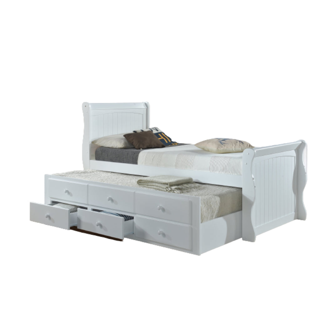 Bornholm Captain's Guest Bed with Trundle & Drawers in white, on white background, trundle extended