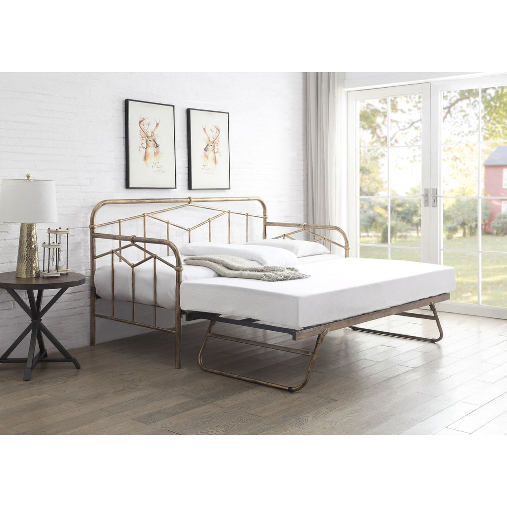 Axton Day Bed with Trundle in brass in furnished room, trundle erected