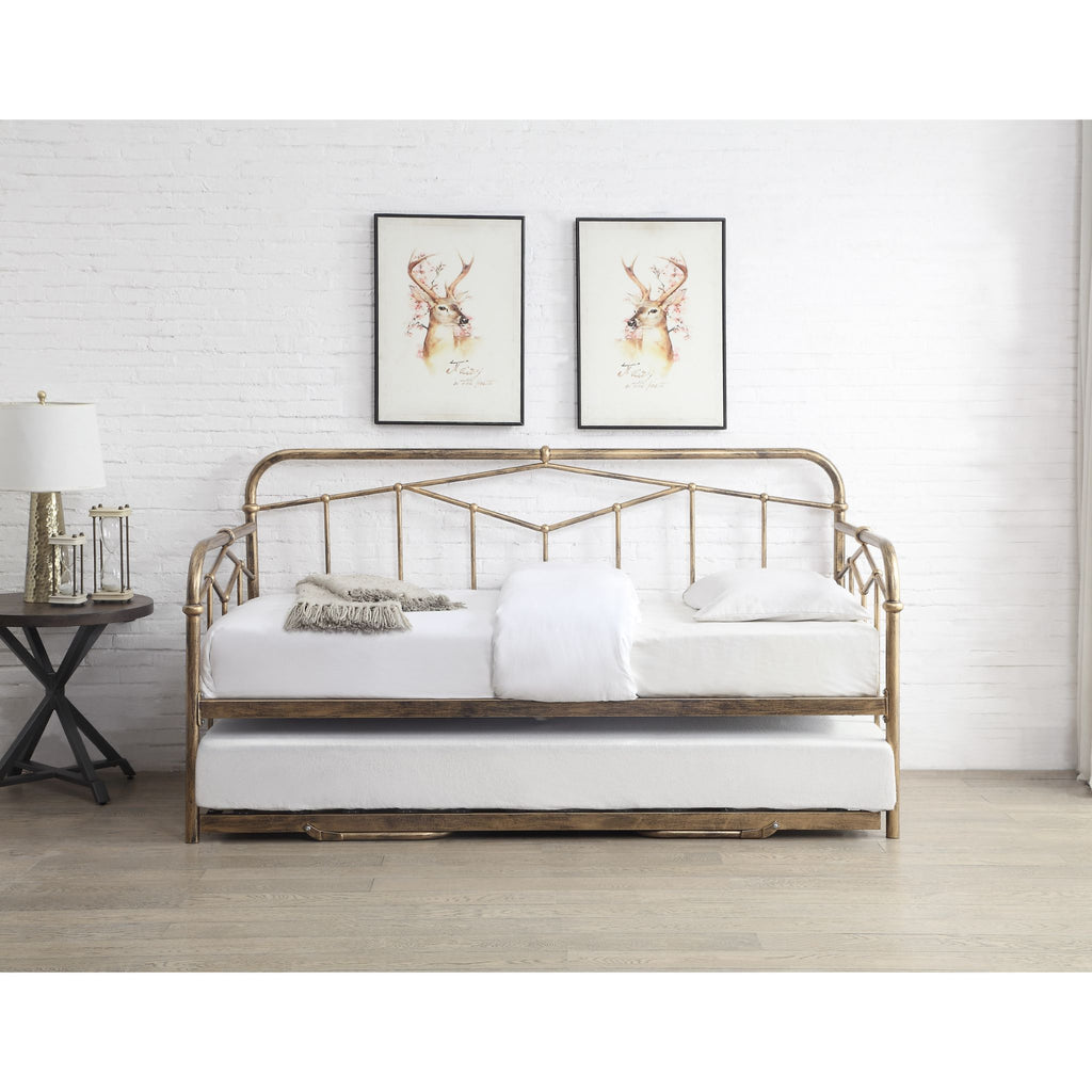 Axton Day Bed with Trundle in brass in furnished room, trundle stowed