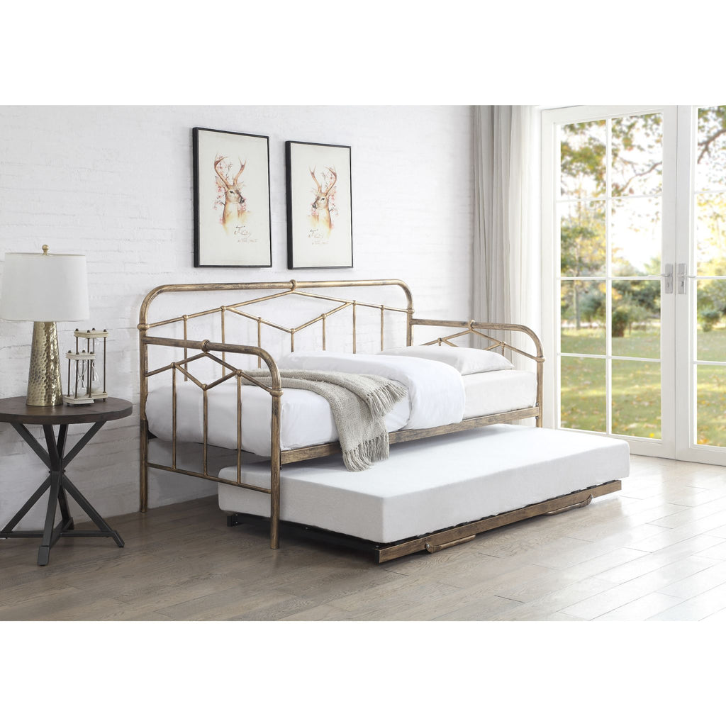 Axton Day Bed with Trundle in brass in furnished room, trundle partially out