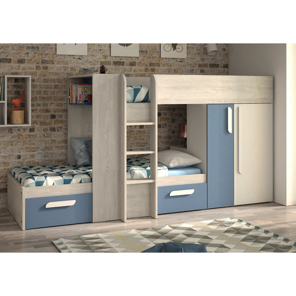 Barca Bunk Bed with Wardrobe & Storage in blue in furnished room