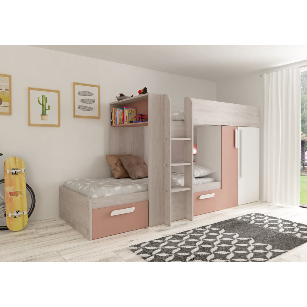 Barca Bunk Bed with Wardrobe & Storage in pink in furnished room