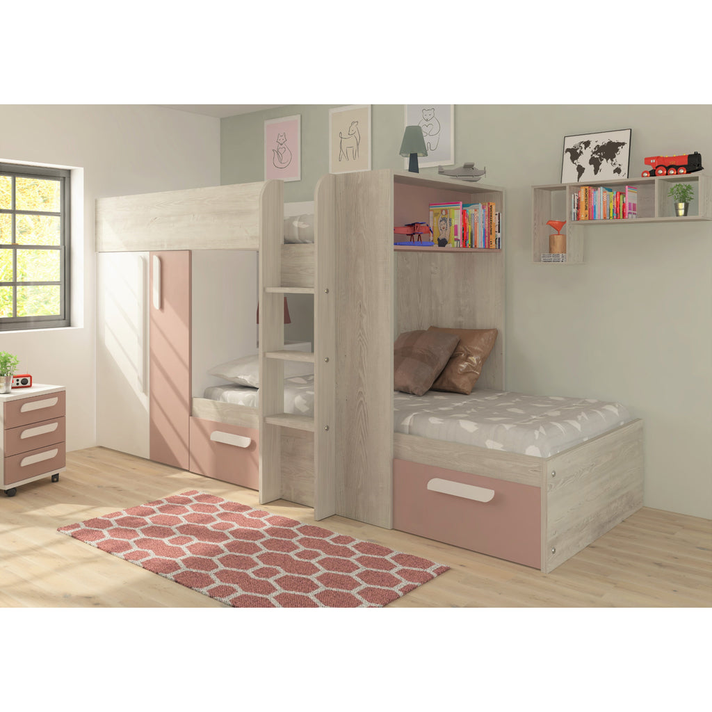 Barca Bunk Bed with Wardrobe & Storage in pink in furnished room, alternative view