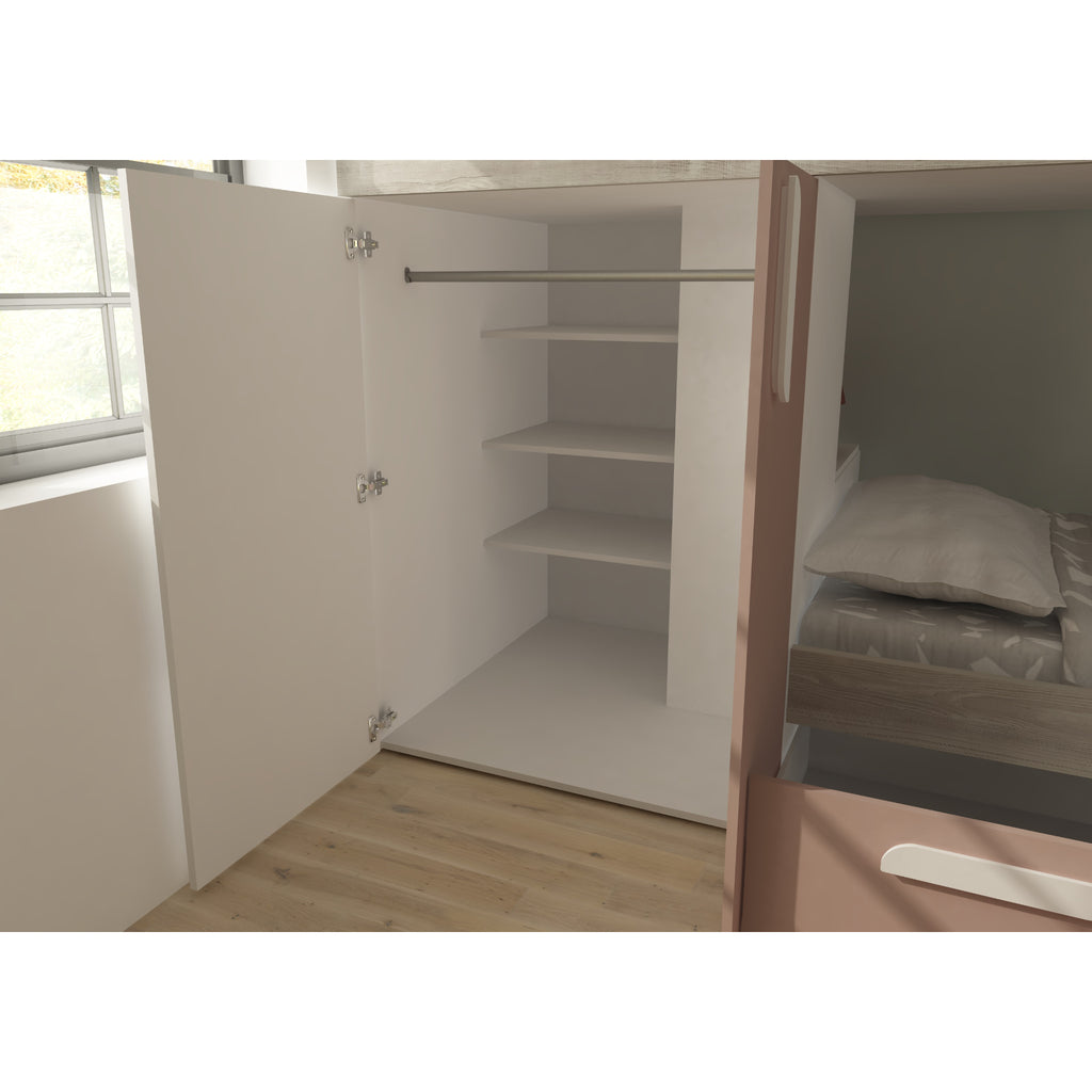 Barca Bunk Bed with Wardrobe & Storage in pink in furnished room, wardrobe detail
