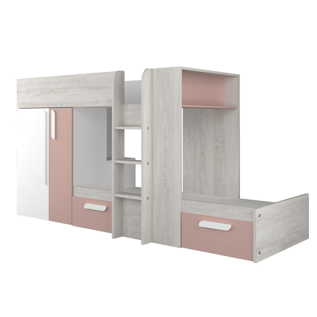Barca Bunk Bed with Wardrobe & Storage in pink on white background