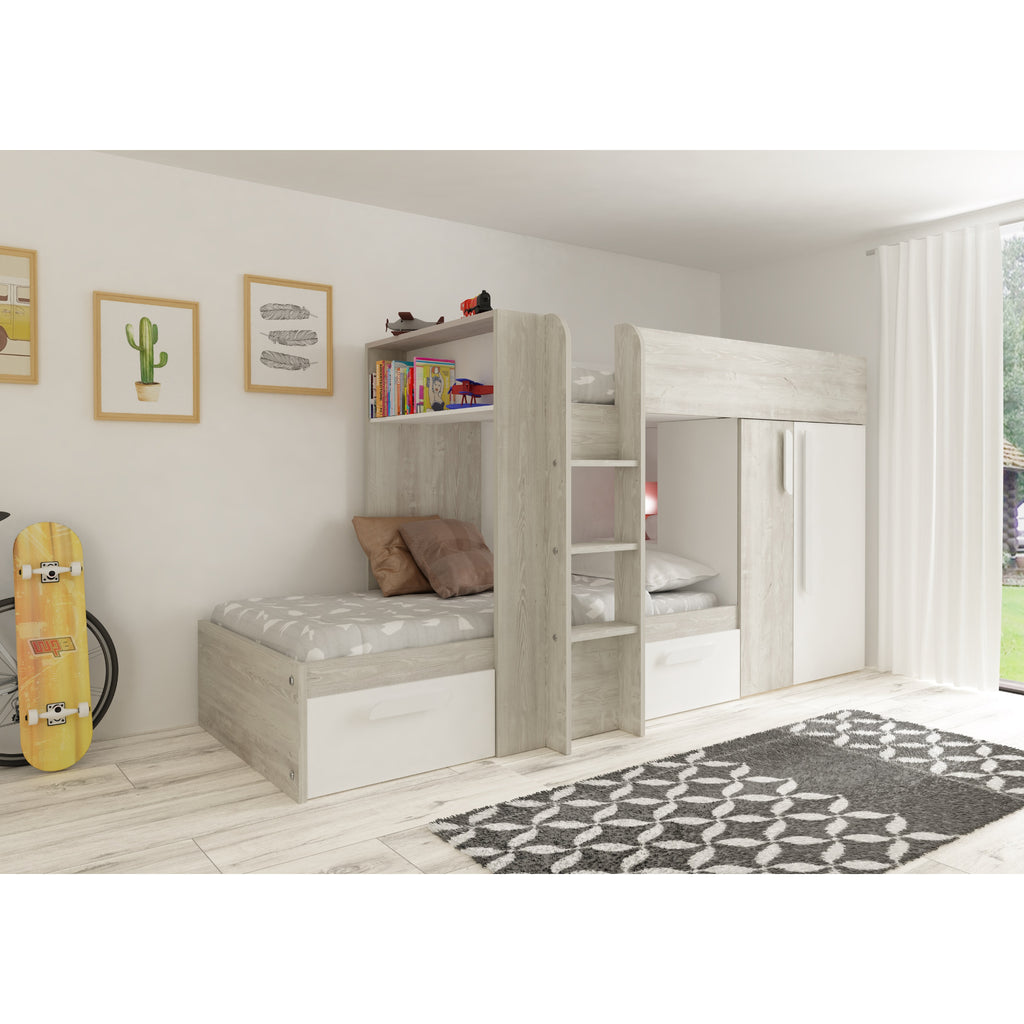 Barca Bunk Bed with Wardrobe & Storage in white in furnished room