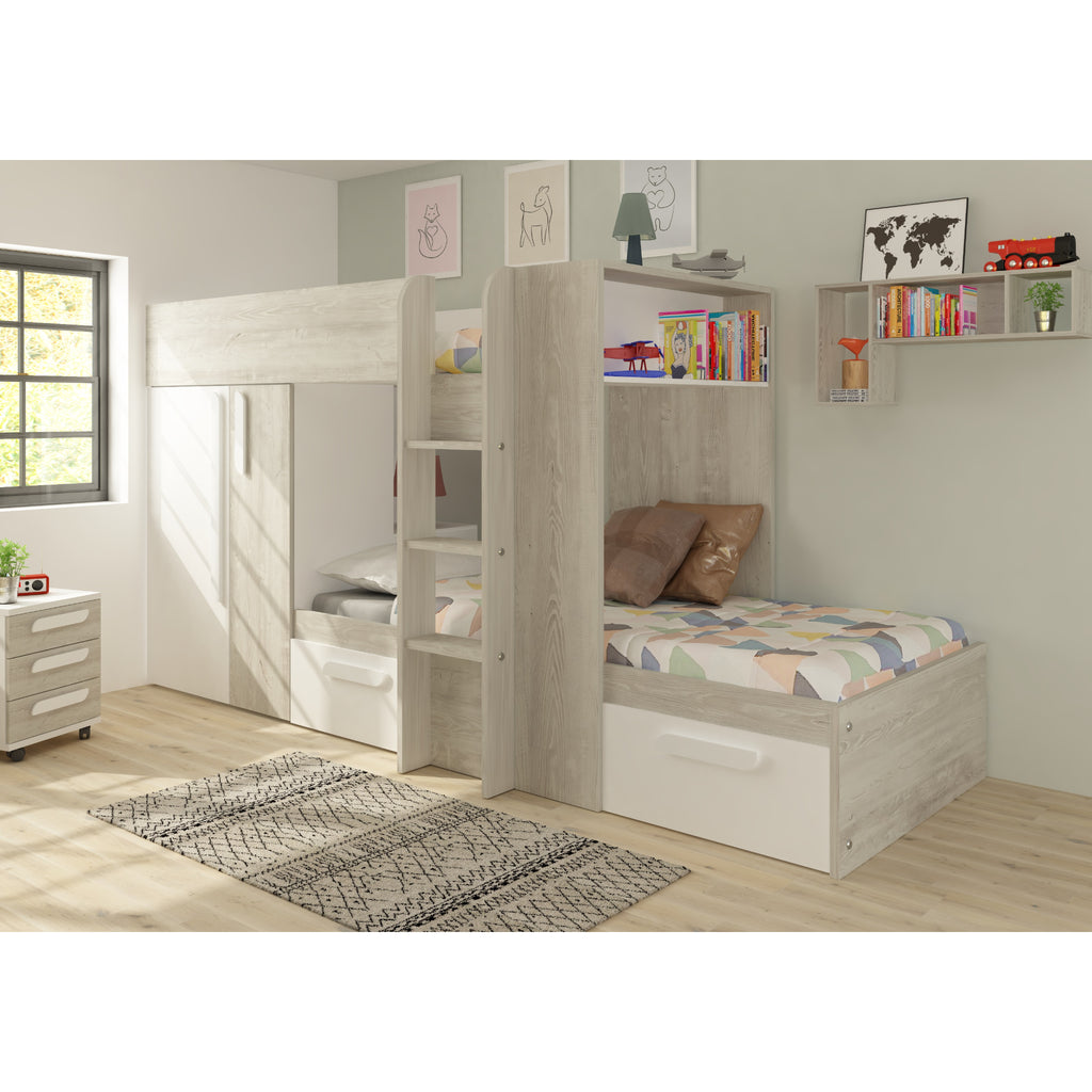 Barca Bunk Bed with Wardrobe & Storage in white in furnished room, alternative view