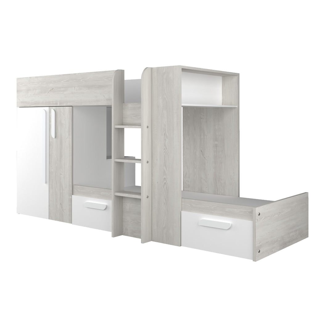 Barca Bunk Bed with Wardrobe & Storage in white on white background