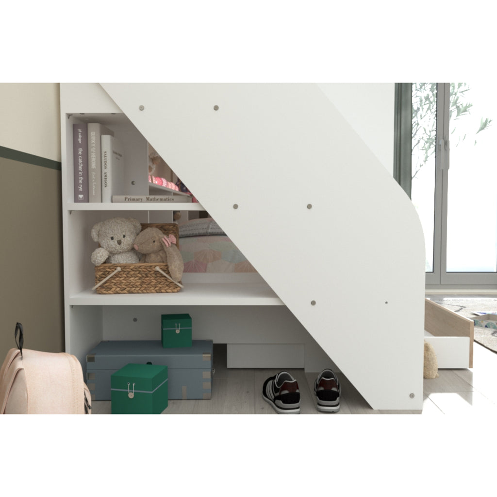 Parisot Bibliobed Bunk Bed with Trundle, understairs shelving detail