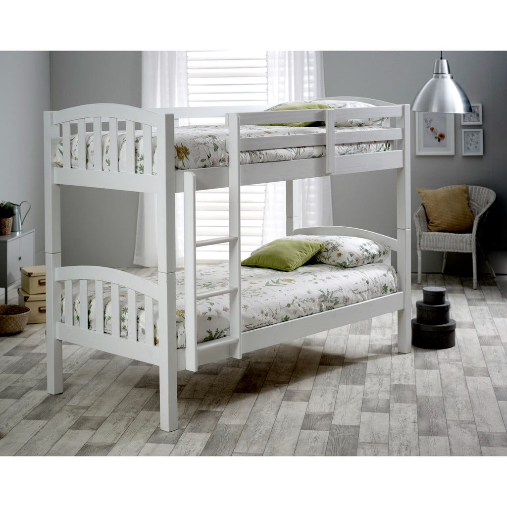 Mya Pine Bunk Bed in white in furnished room