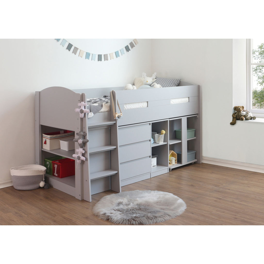 Billie Mid Sleeper with Desk & Storage in grey in furnished room, desk stowed