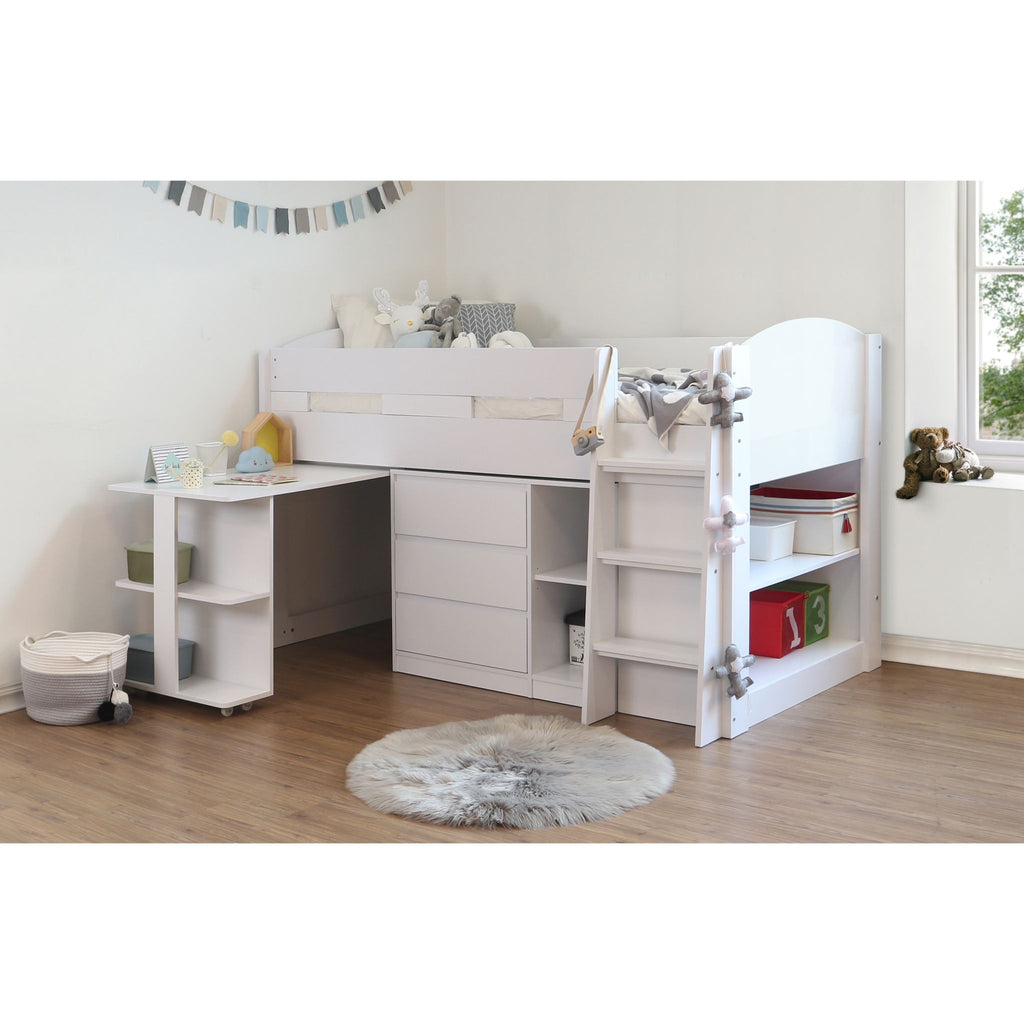 Billie Mid Sleeper with Desk & Storage in white in furnished room, desk extended