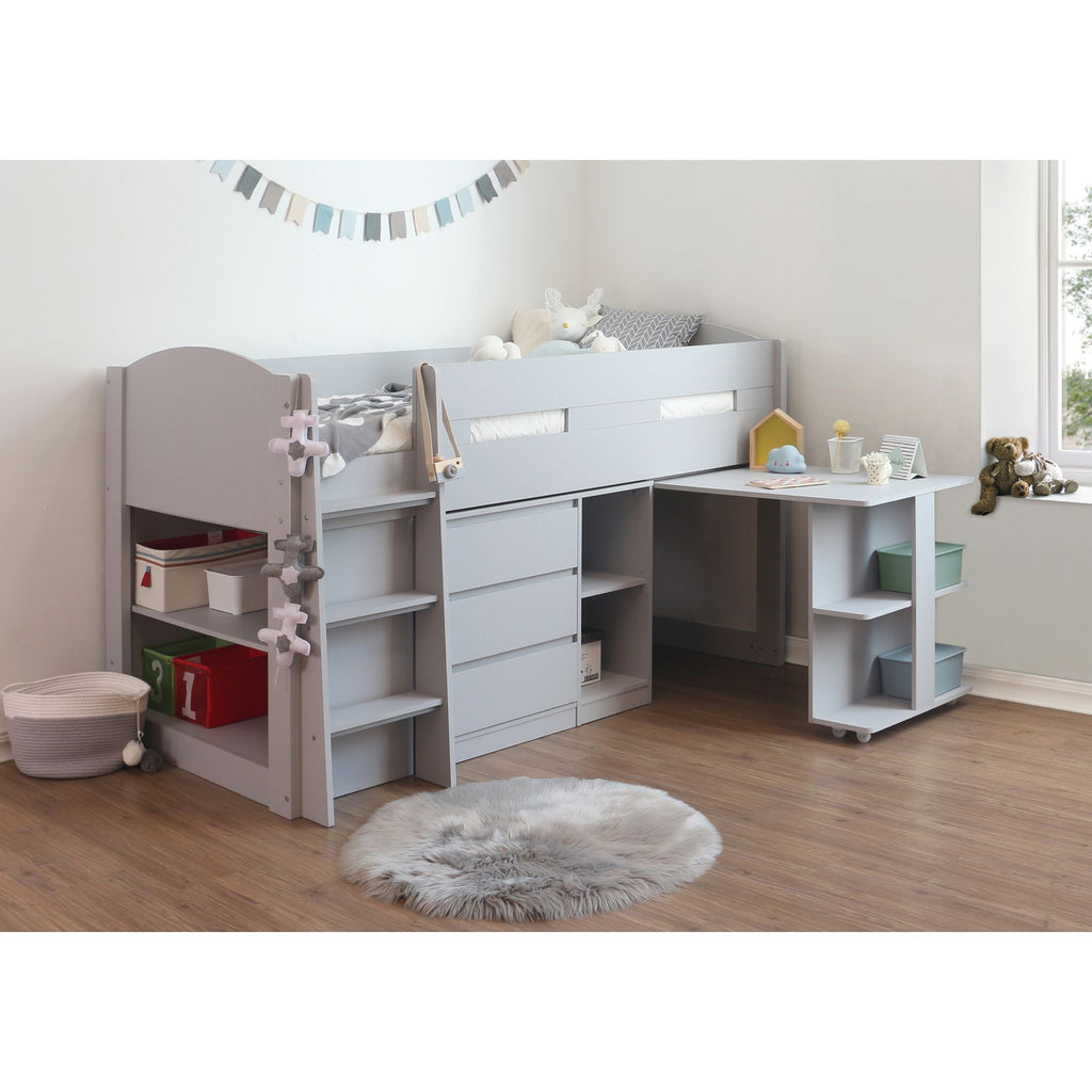 Billie Mid Sleeper with Desk & Storage in grey in furnished room, desk extended