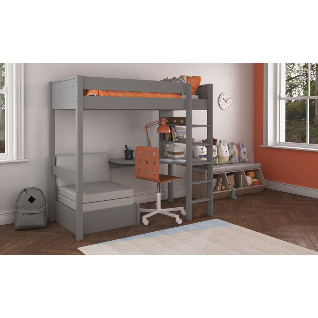 Stompa Classic Highsleeper with Integrated Desk, Shelving & Chair Bed in grey in furnished room