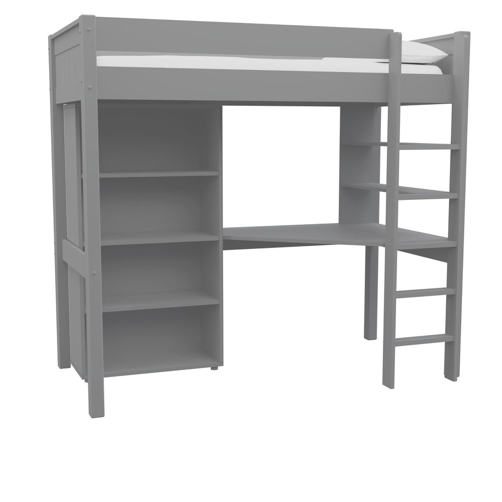 Stompa Classic Highsleeper with Integrated Desk & Shelving & Tall Bookcase in grey on white background