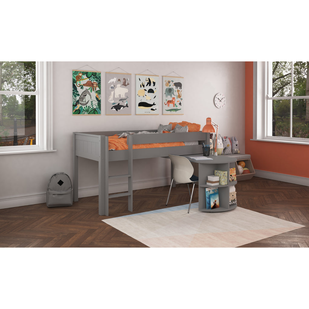 Stompa Classic Midsleeper with Pull-Out Desk in grey in furnished room