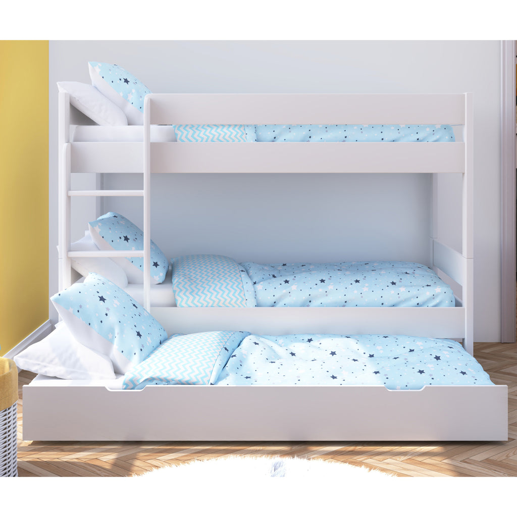 Stompa Compact Separating Bunk Bed with Pull-Out Trundle in white in furnished room