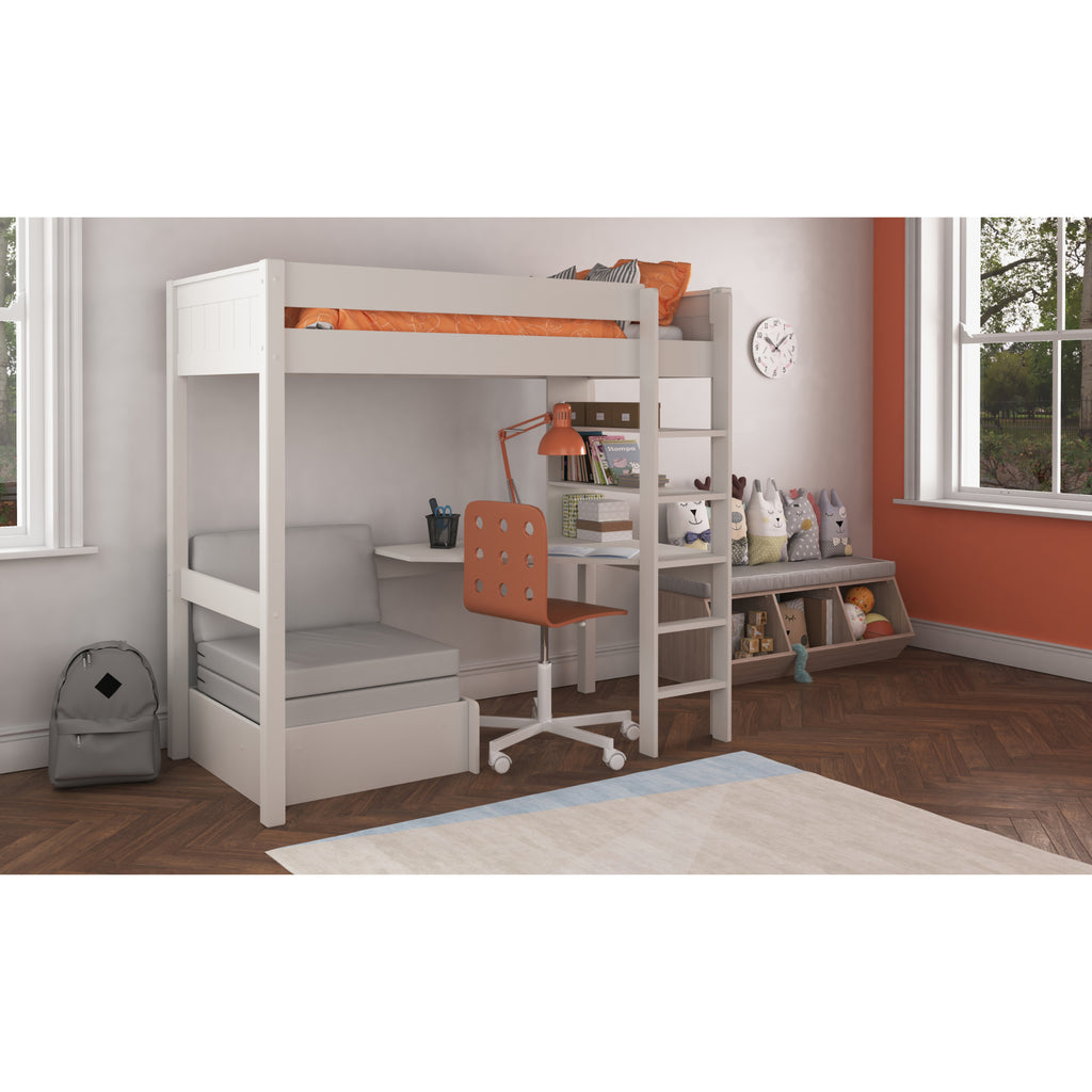 Stompa Classic Highsleeper with Integrated Desk, Shelving & Chair Bed in white in furnished room