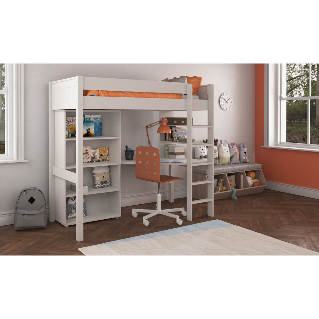 Stompa Classic Highsleeper with Integrated Desk & Shelving & Tall Bookcase in white in furnished room