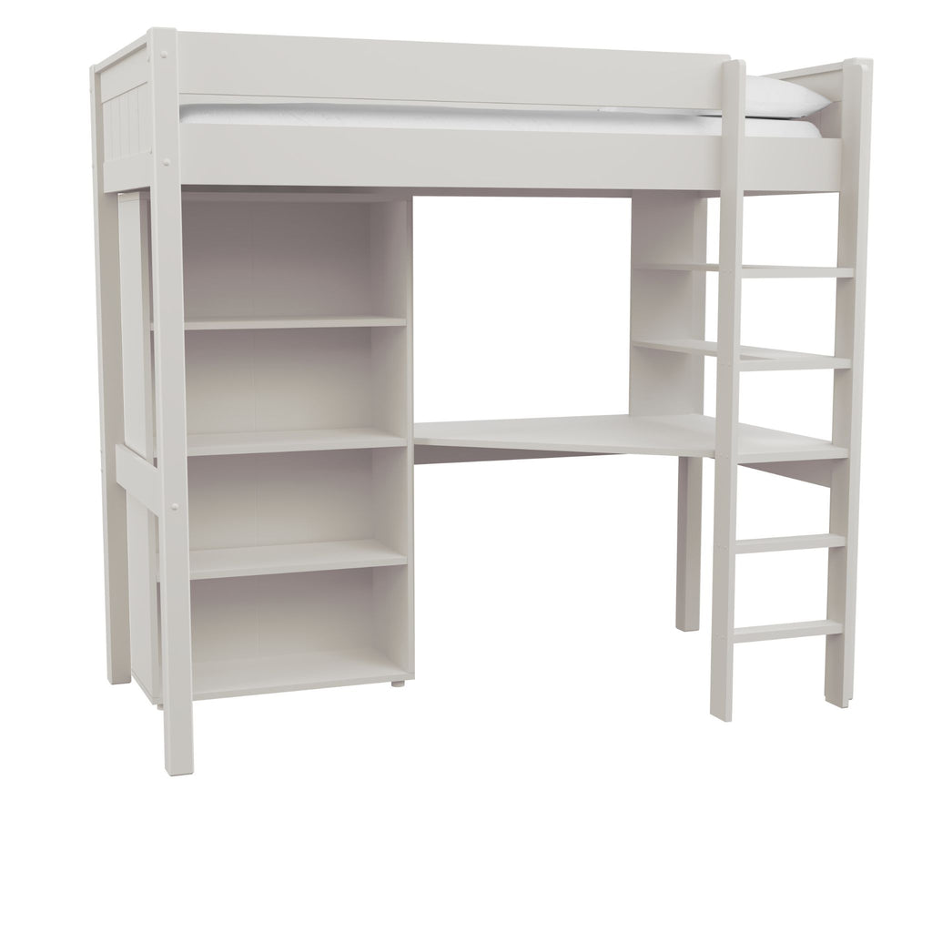 Stompa Classic Highsleeper with Integrated Desk & Shelving & Tall Bookcase in white on white background