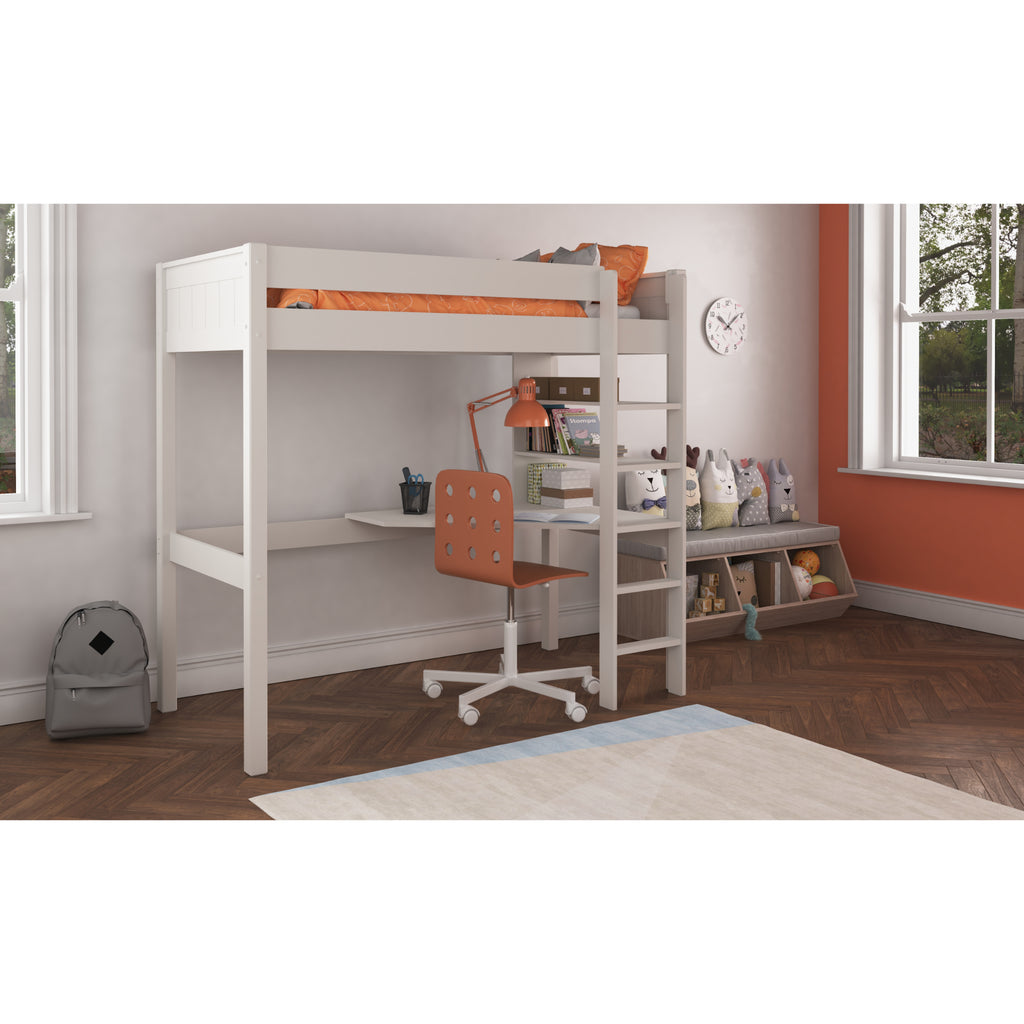 Stompa Classic Highsleeper with Integrated Desk & Shelving in white in furnished room