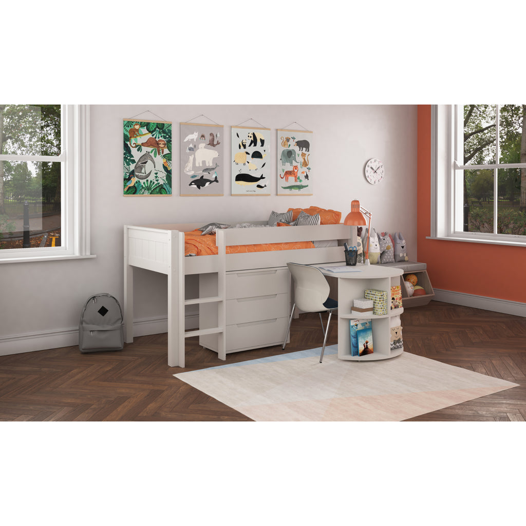 Stompa Classic Midsleeper with Pull-Out Desk & 3-Drawer Chest in white in furnished room
