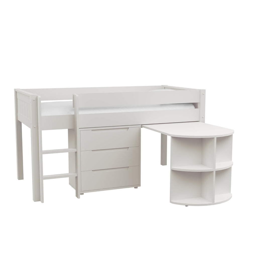 Stompa Classic Midsleeper with Pull-Out Desk & 3-Drawer Chest in white on white background
