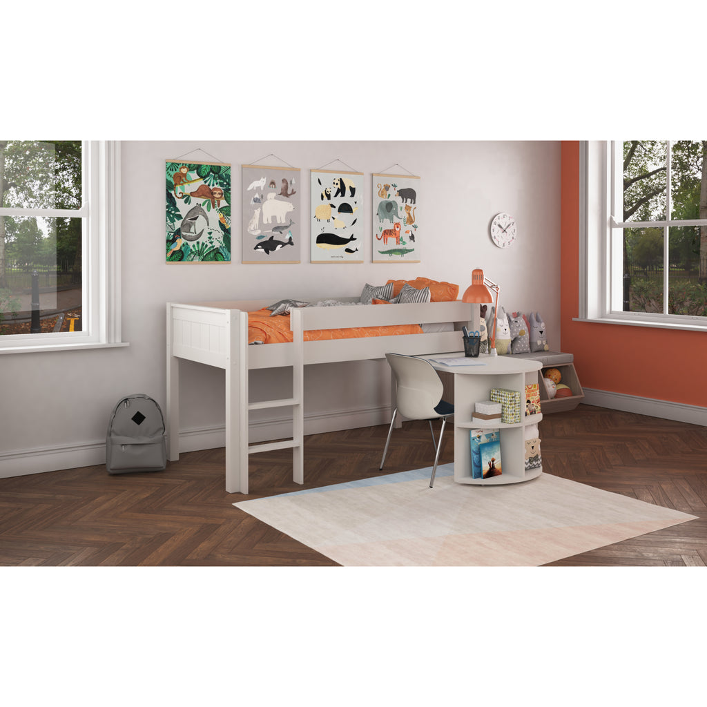 Stompa Classic Midsleeper with Pull-Out Desk in white in furnished room