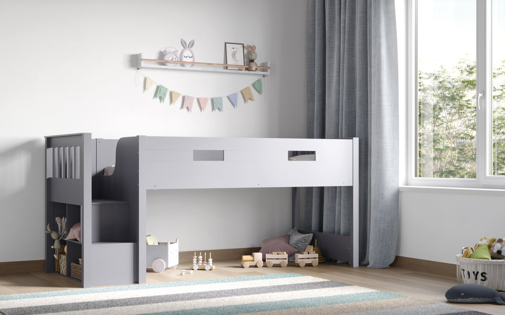 Charlie Mid Sleeper Bed with Desk & Storage in grey. Angled view on bed frame only, showing end of bed shelves.