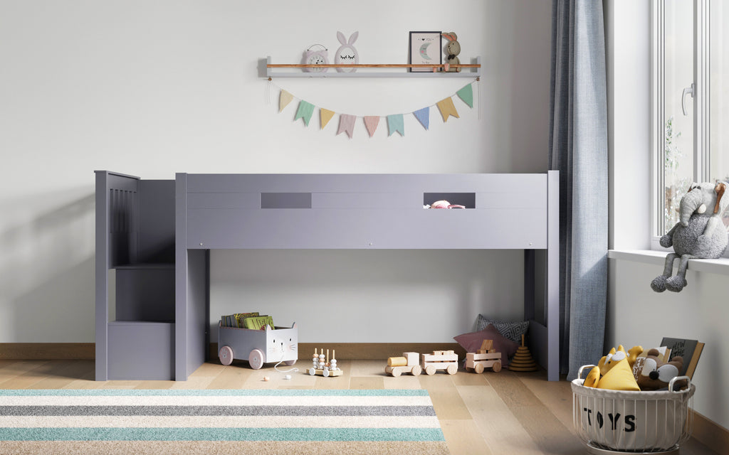 Charlie Mid Sleeper Bed with Desk & Storage in grey. Bed frame only, in furnished room.