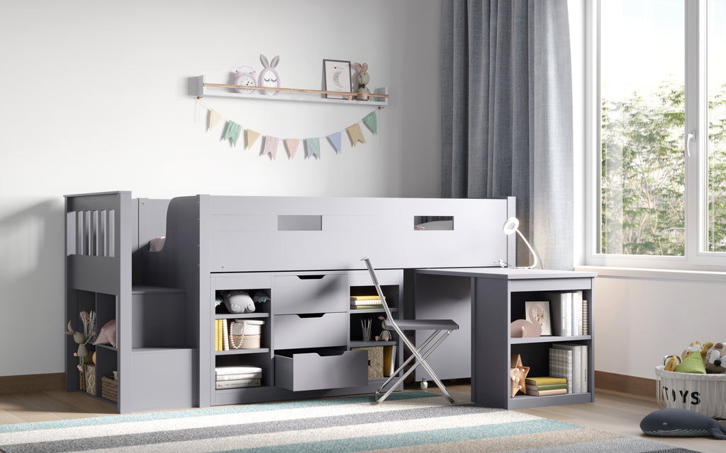 Charlie Mid Sleeper Bed with Desk & Storage in grey. In furnished room with desk in use.