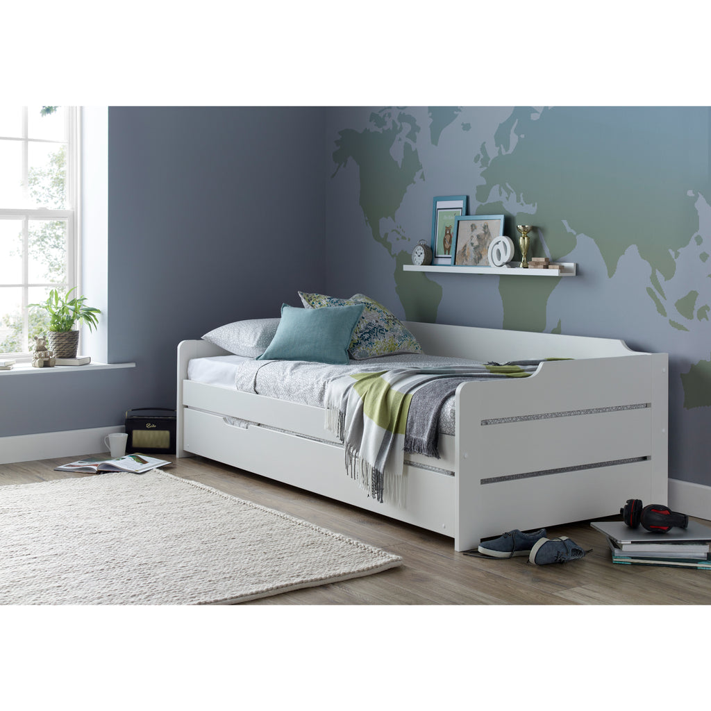 Copella Pine Guest Bed With Trundle with trundle retracted in a furnished room