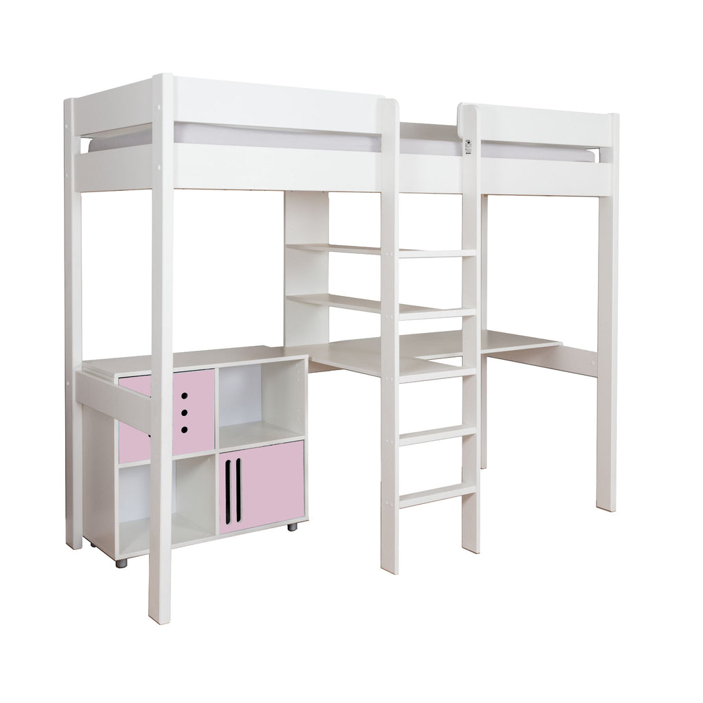 Stompa Duo Highsleeper with Integrated Desk & Cube Storage on white background, pink doors