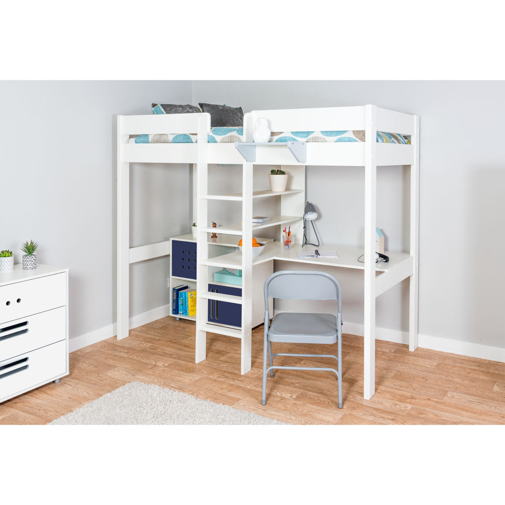 Stompa Duo Highsleeper with Integrated Desk & Cube Storage in furnished room, blue doors
