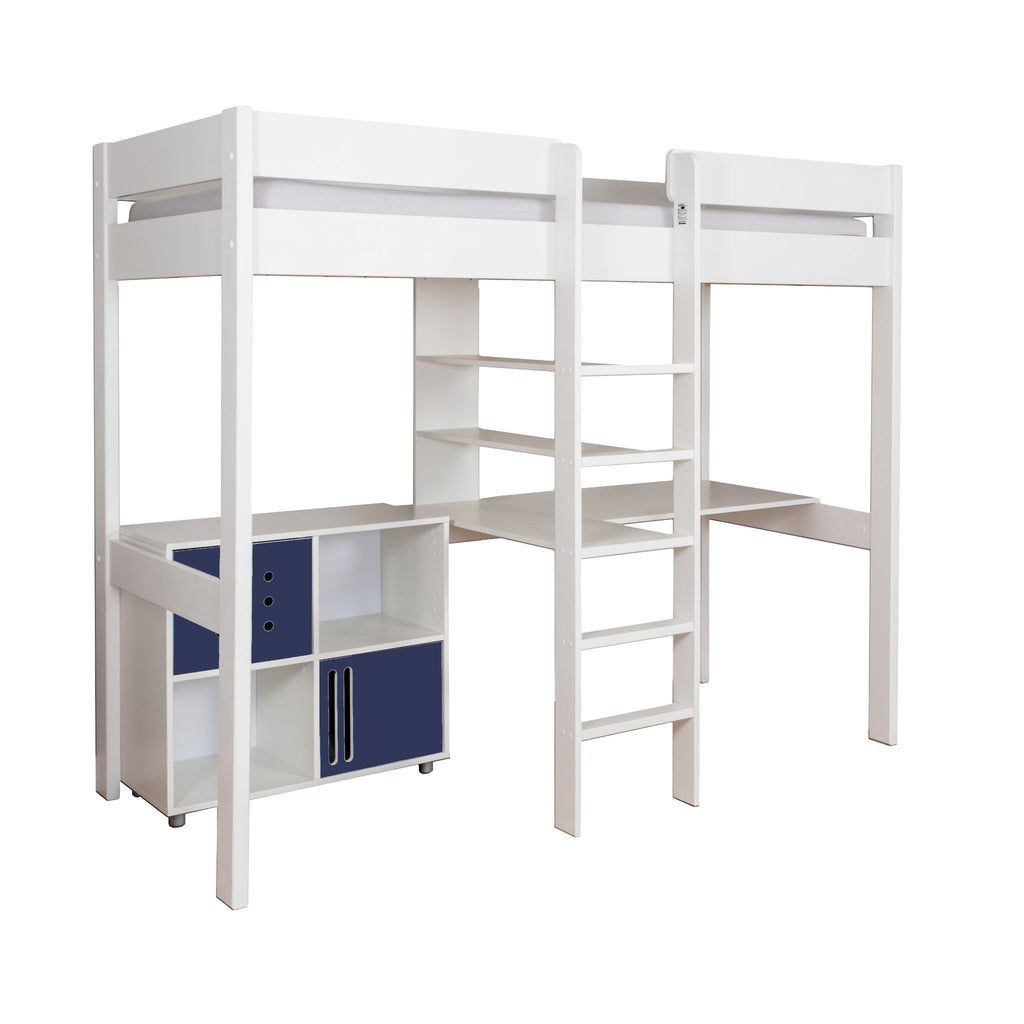 Stompa Duo Highsleeper with Integrated Desk & Cube Storage on white background, blue doors