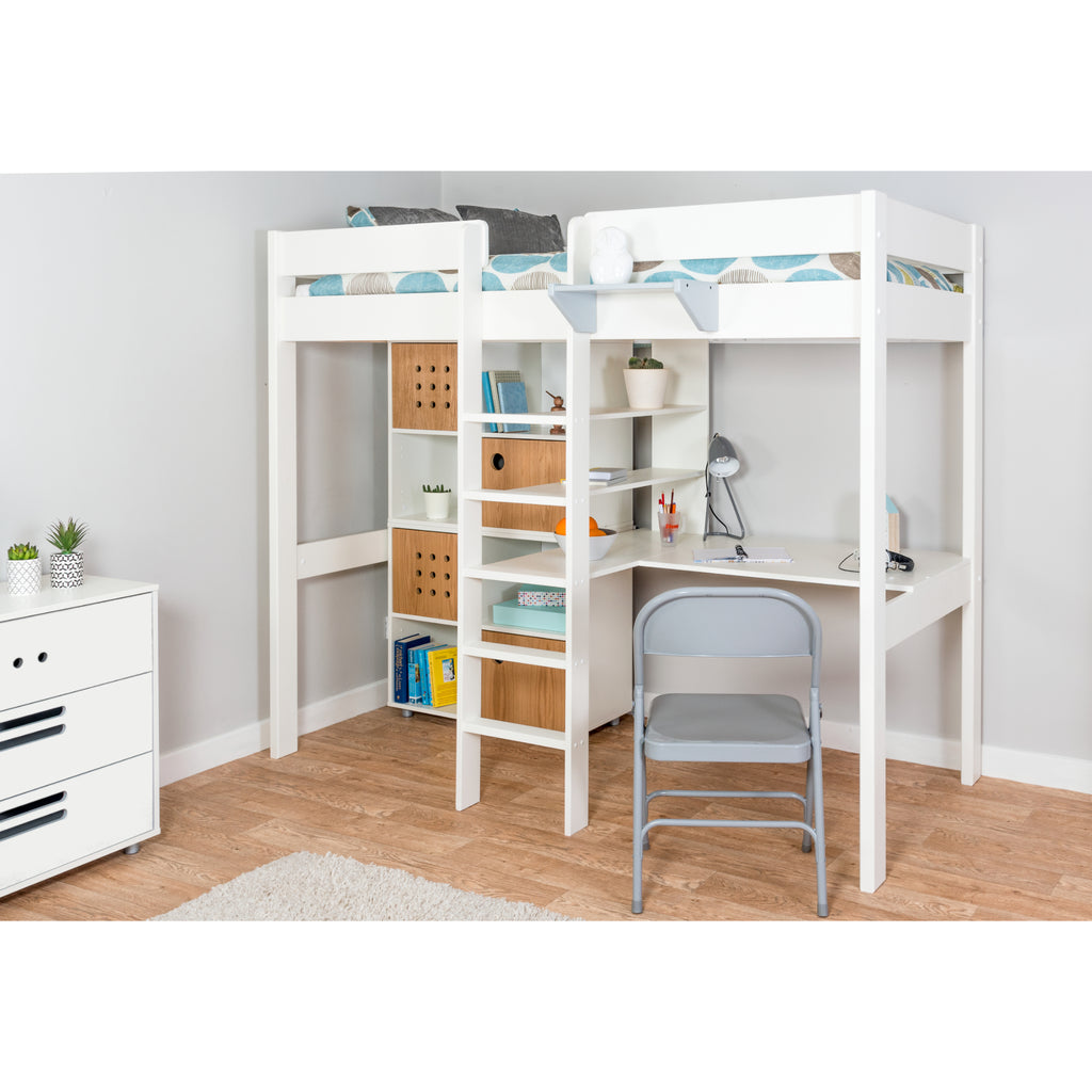 Stompa Duo Highsleeper with Desk & 2 Cube Storage Units in furnished room, oak doors