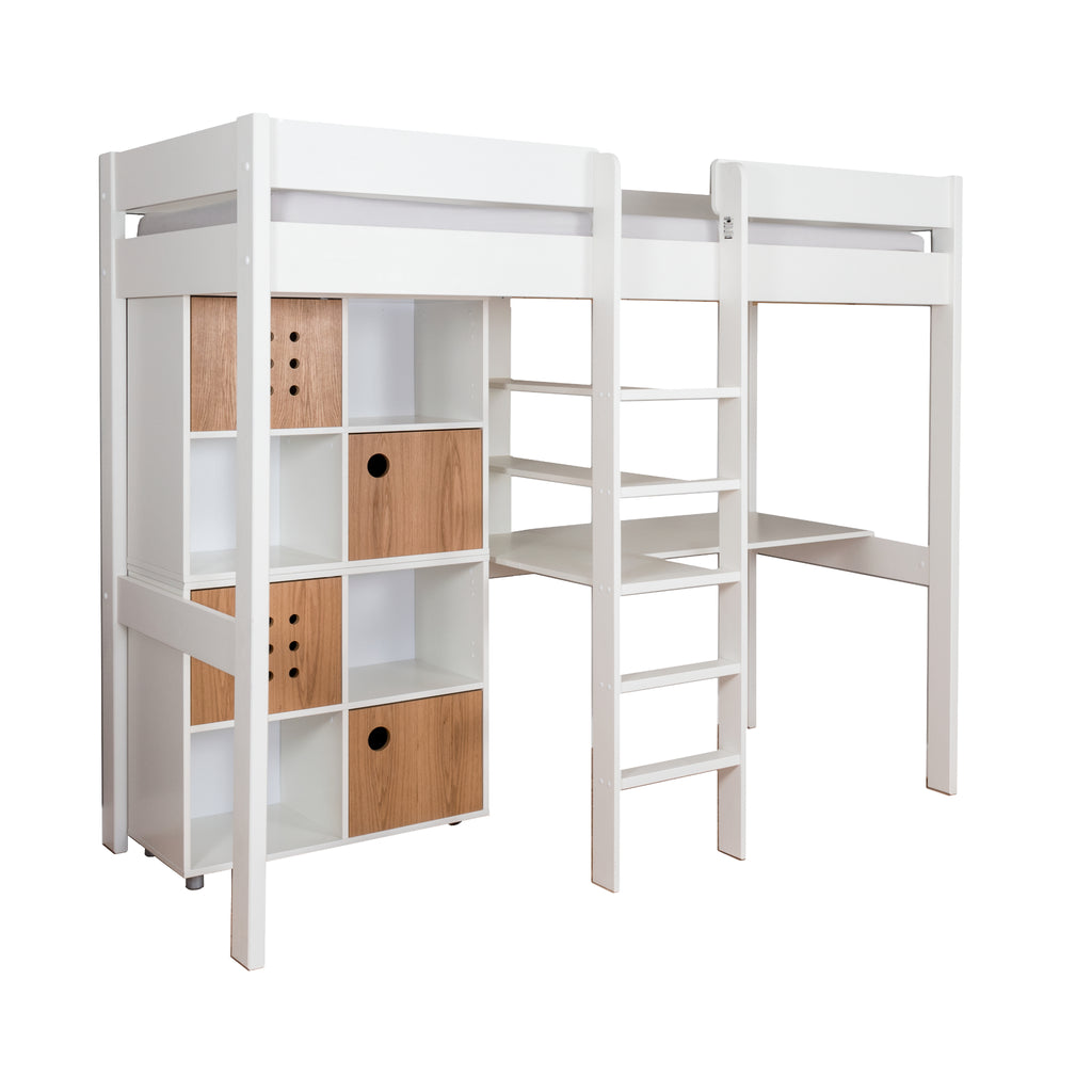 Stompa Duo Highsleeper with Desk & 2 Cube Storage Units on white background, oak doors