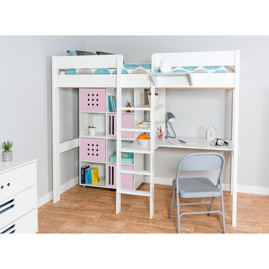 Stompa Duo Highsleeper with Desk & 2 Cube Storage Units in furnished room, pink doors