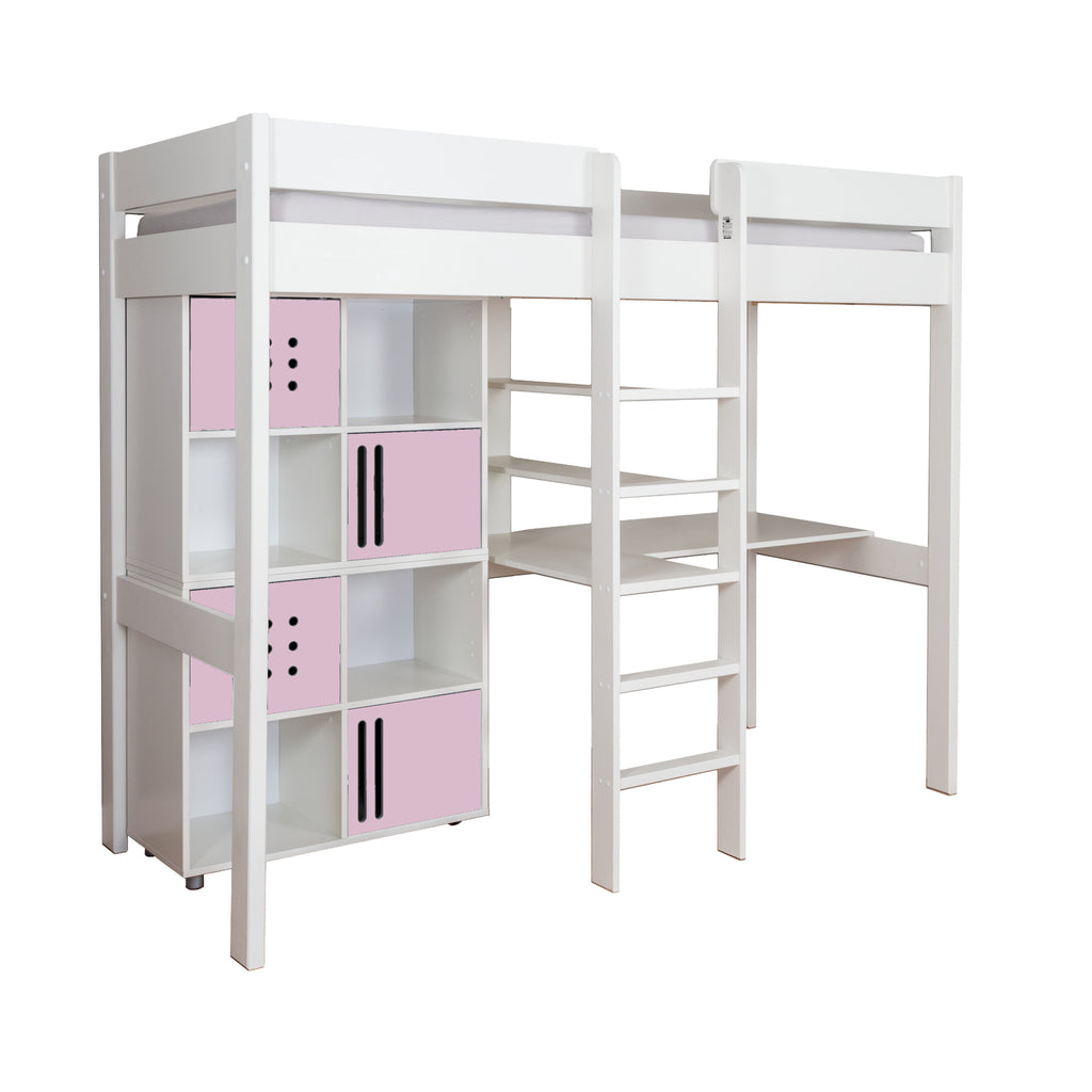 Stompa Duo Highsleeper with Desk & 2 Cube Storage Units on white background, pink doors